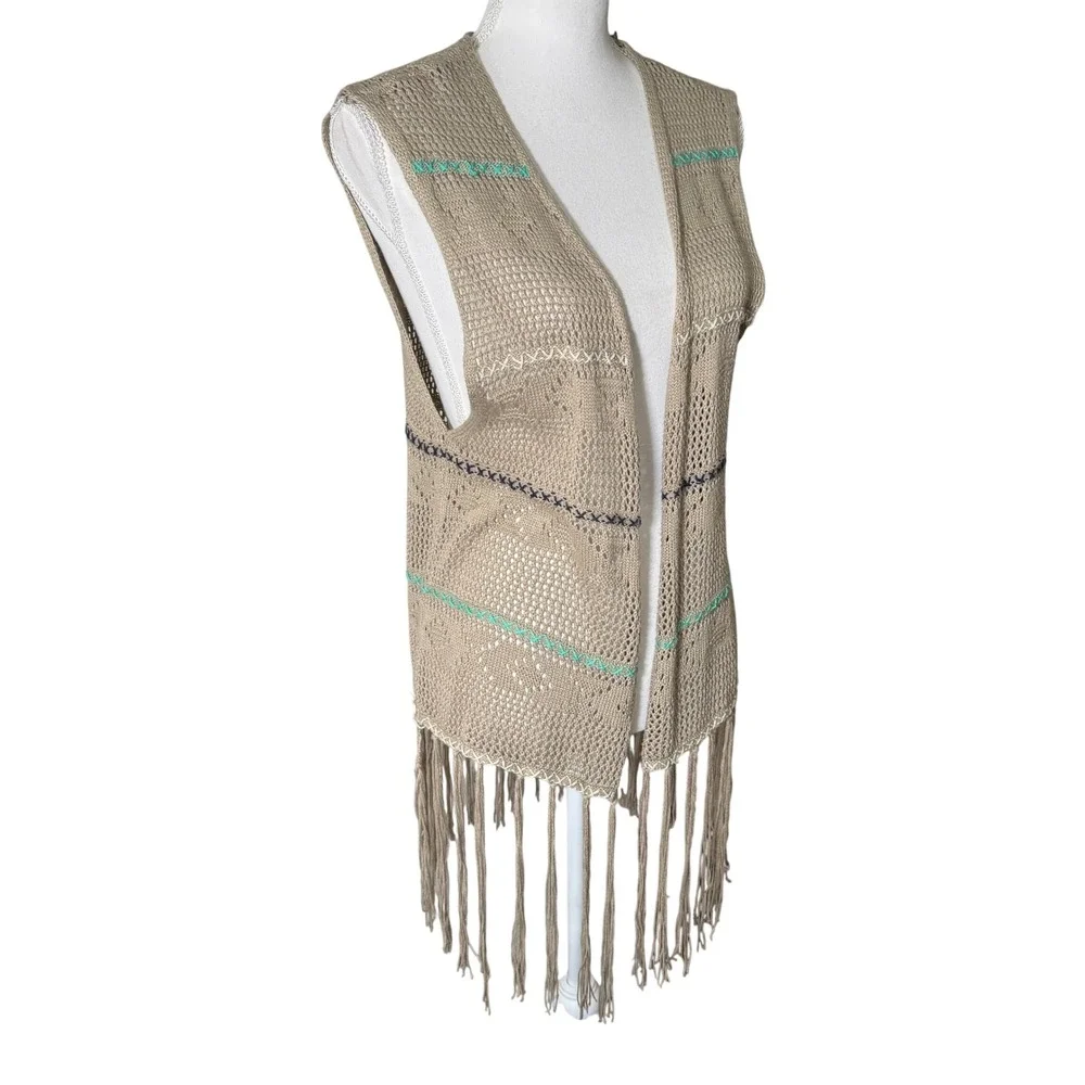 Umgee Tan Crochet Knit Fringe Vest 1XL Open Front Boho Festival *RUNS‎ SMALL